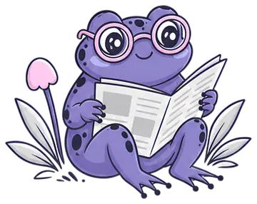 Purple frog wearing glasses reading a newspaper