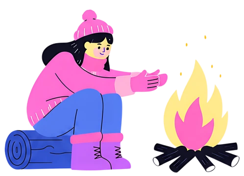 Girl in Pink Hat Warming Hands by Campfire