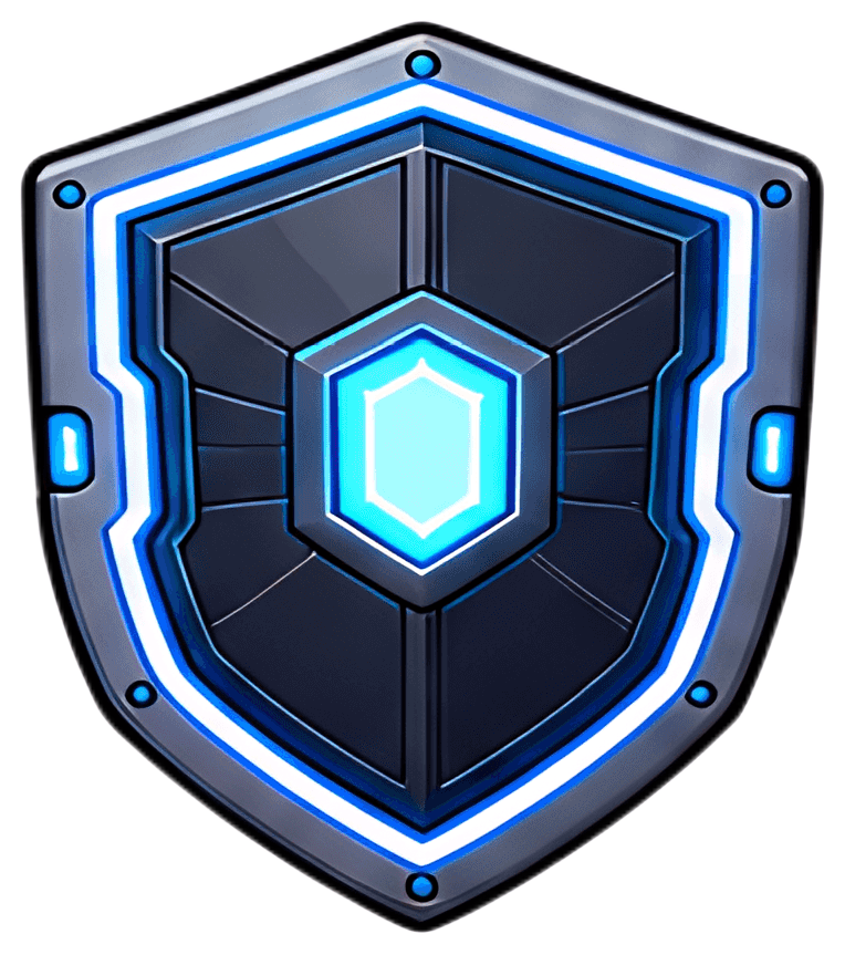 A sleek 3D shield featuring a dark metallic surface with neon blue edges. The center has a subtle hexagonal shape highlighted by a glowing blue gemstone, evoking a futuristic aesthetic.