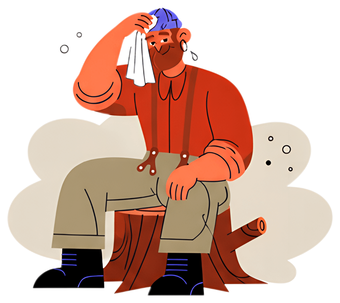 A lumberjack rests on a tree stump, wiping sweat from his forehead with a cloth. He is dressed in a red shirt and beige pants, sporting a blue bandana and earrings, with a playful yet tired expression