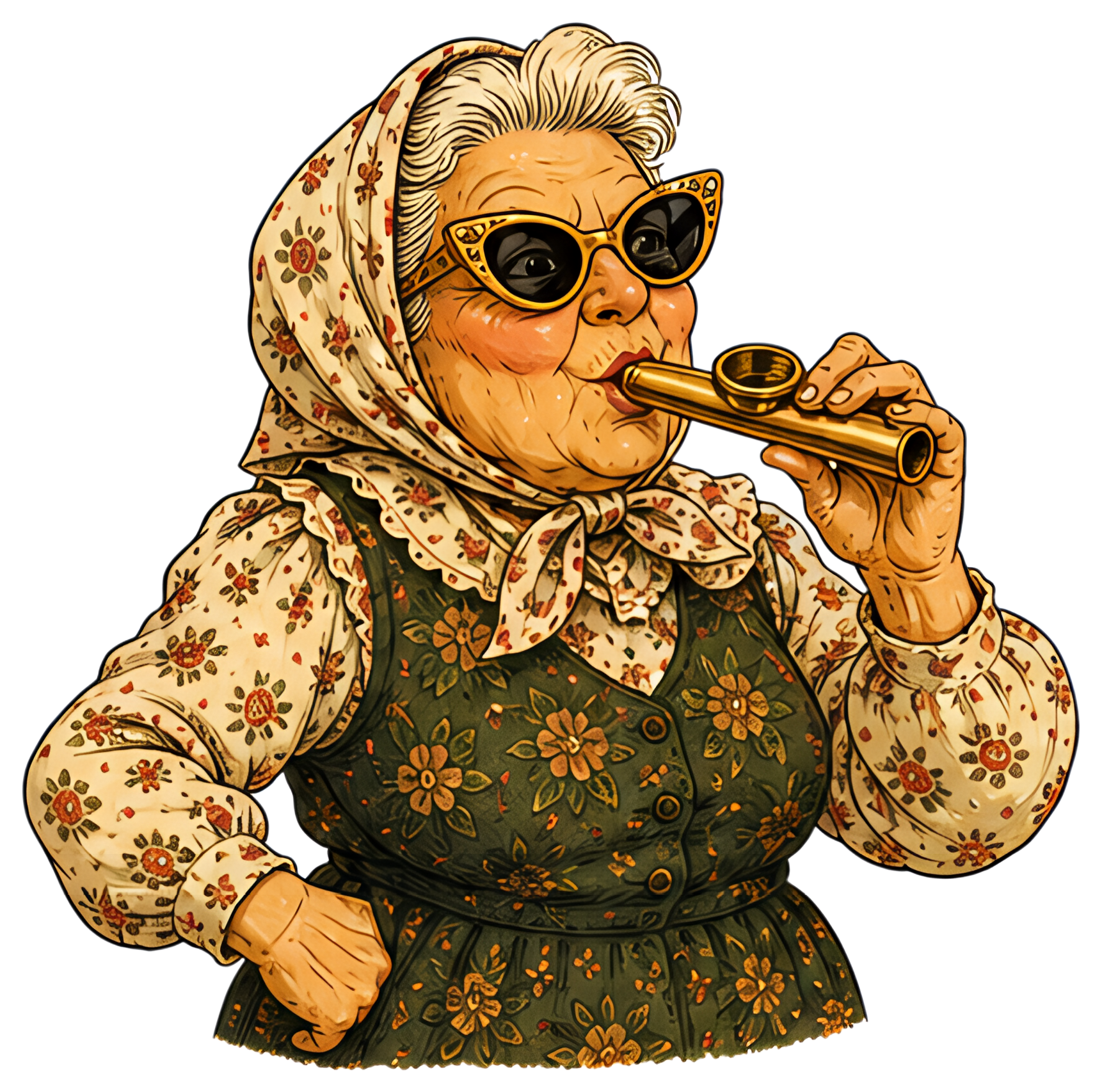 An elderly woman with cat-eye glasses passionately blows into a kazoo. She wears a floral blouse and a green vest, exuding cheerfulness, with a scarf tied around her head, highlighting her joyful pose