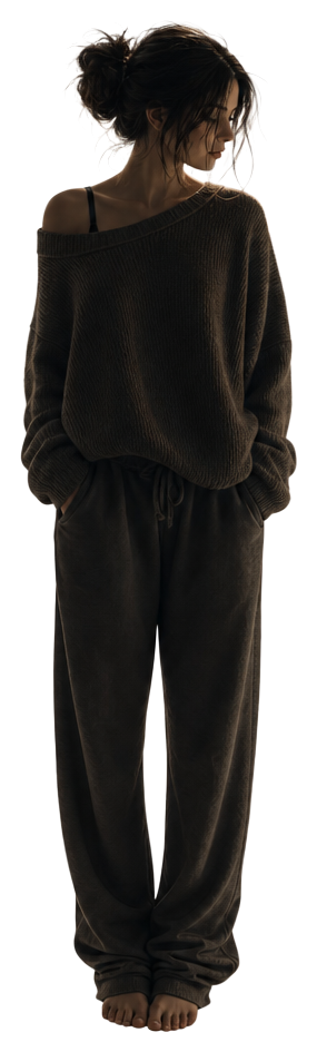 A full-body portrait of a young woman wearing a loose, oversized sweater and comfortable pants, standing with her hands in her pockets. The minimalistic style highlights the soft tones of her outfit,3