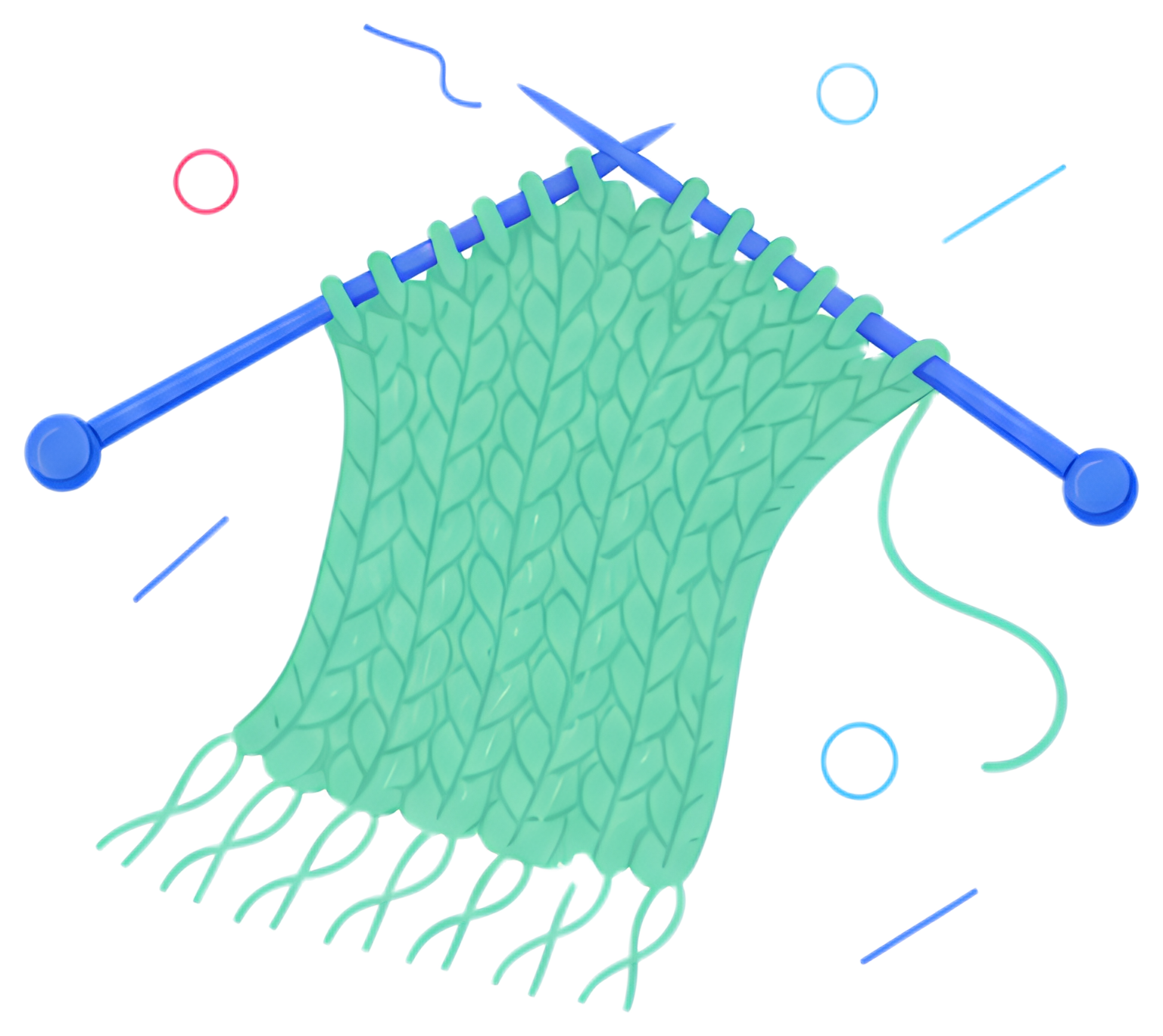 A pair of blue knitting needles holds a partially finished scarf in a soft green. The scarf features a textured pattern, and colorful stitches and yarn pieces are scattered around it, adding a playful