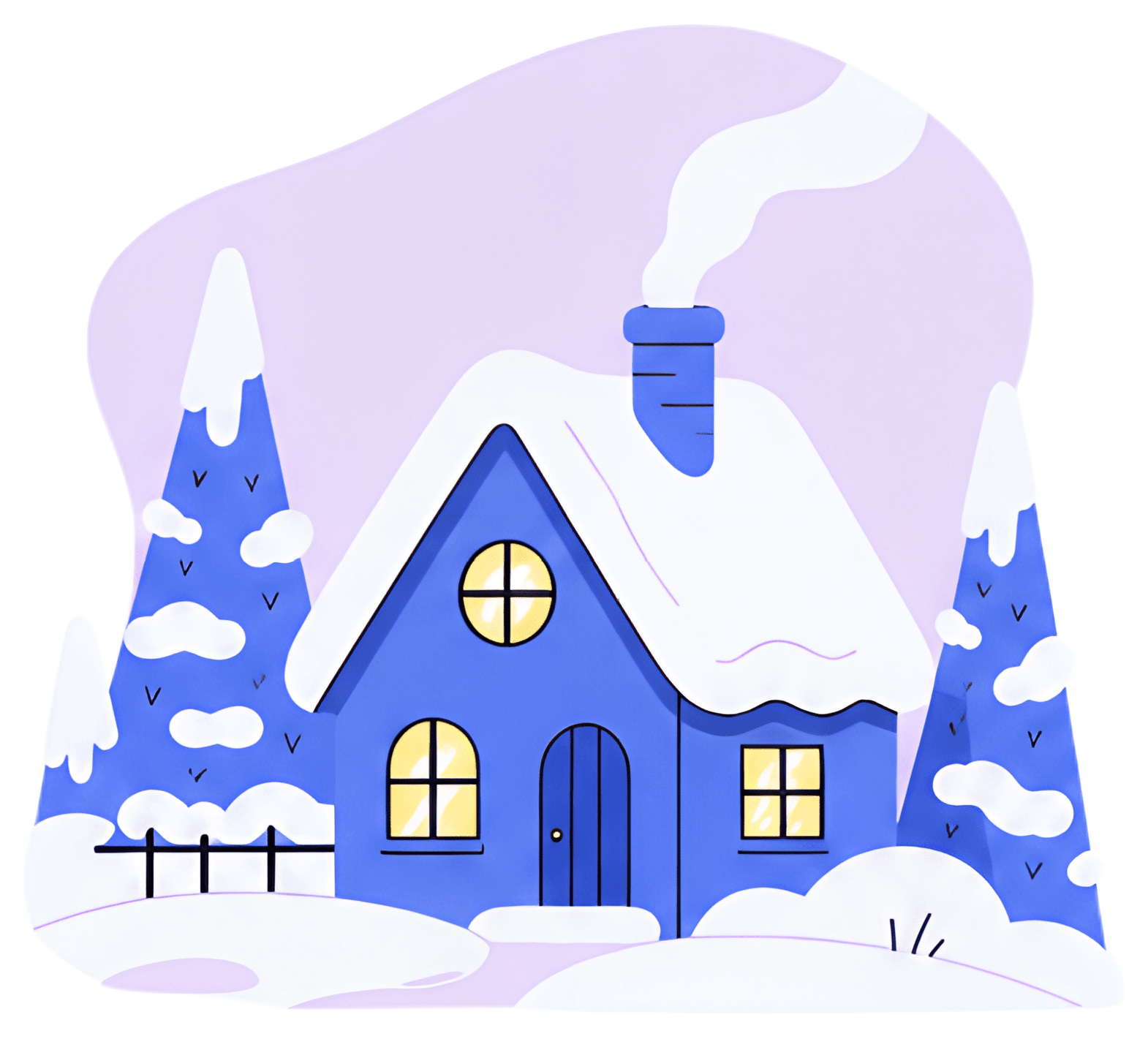 A charming blue house with a snowy roof and glowing yellow windows, set in a twilight scene. Smoke rises from the chimney, and snow-covered trees frame the cozy setting, enhancing the wintery vibe.