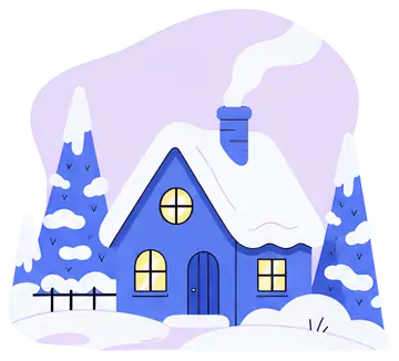 Cozy blue house with smoke and glowing windows