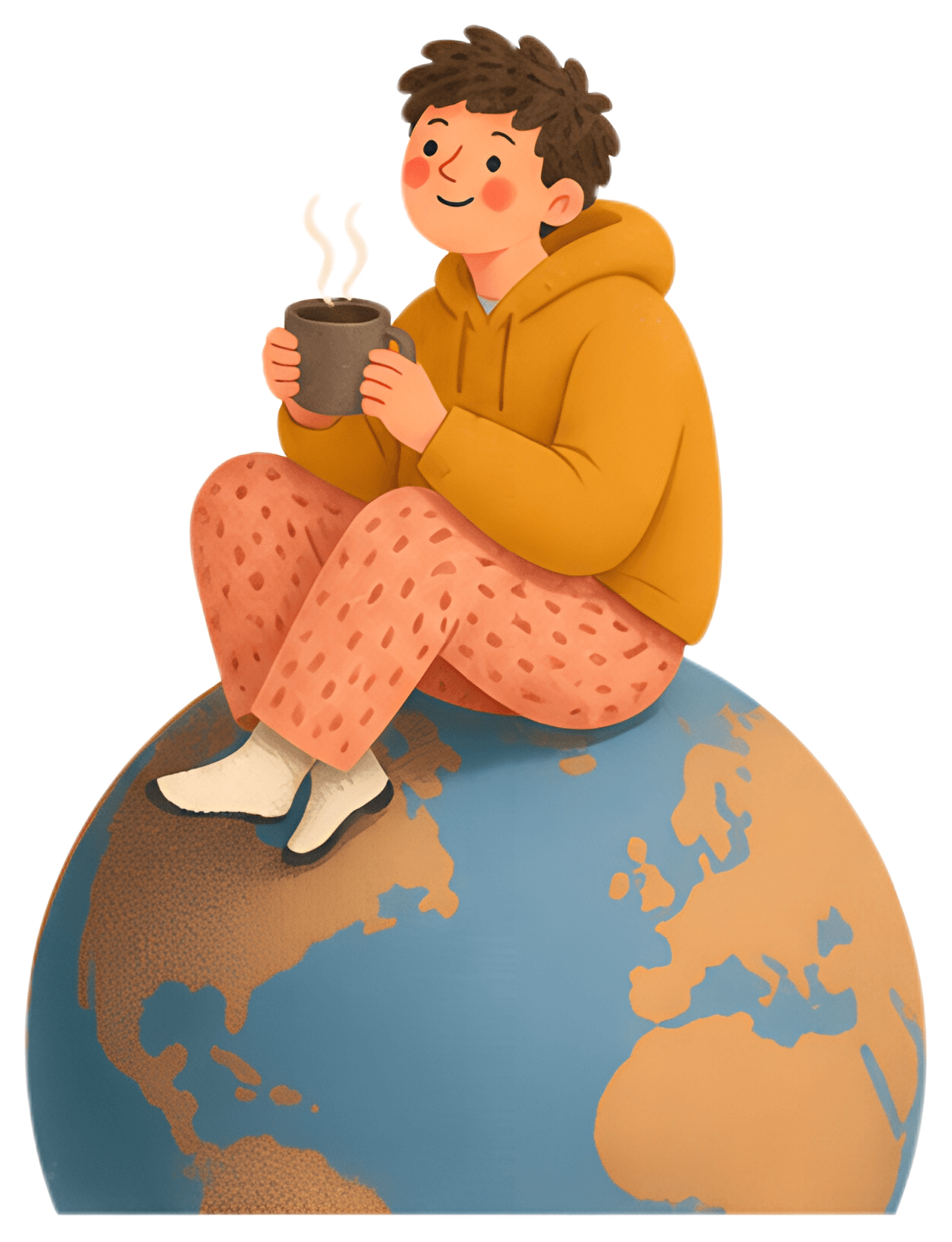A cheerful young man in a bright yellow hoodie sits comfortably on a globe, holding a steaming cup of coffee. He has a joyful expression and is dressed in patterned pants, with earthy tones compliment