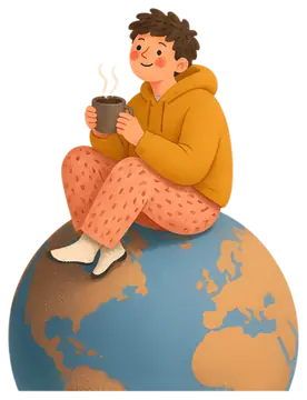 Cheerful man in hoodie on globe with coffee