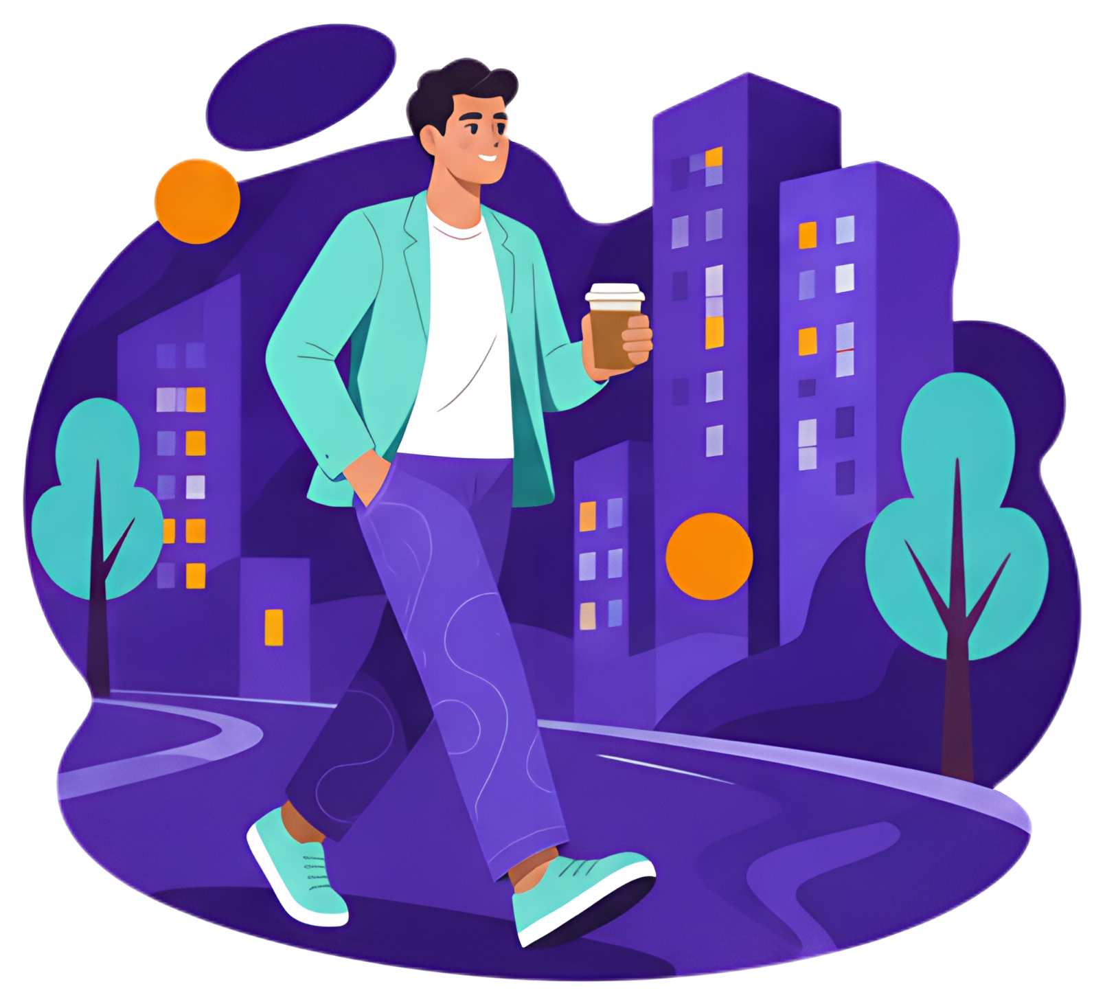 A young man, dressed in a teal jacket and purple pants, walks along a winding street while holding a coffee cup. Tall city buildings with colorful windows and stylized trees create an urban atmosphere