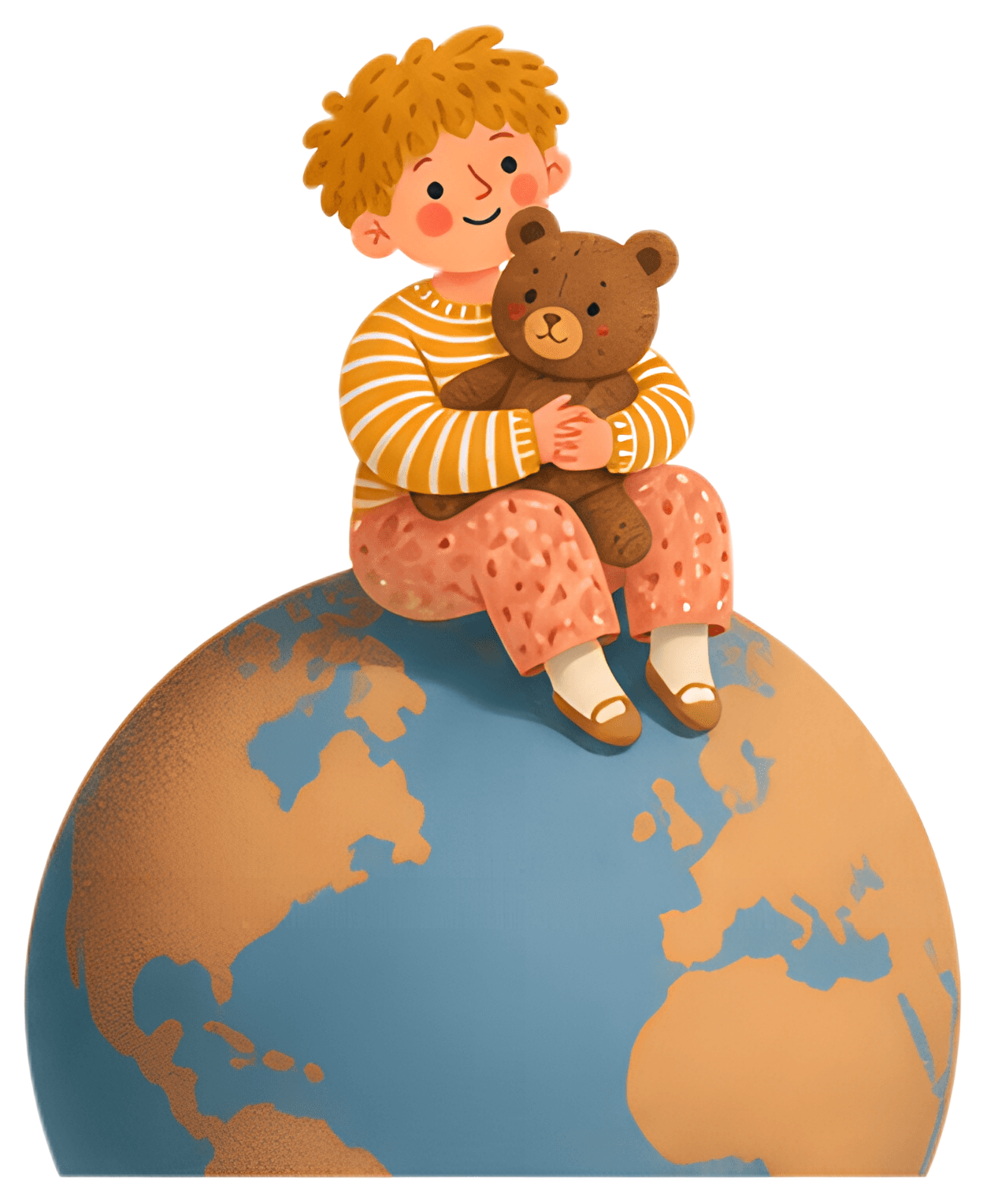 A cheerful child with curly hair in a striped shirt sits on a globe, hugging a brown teddy bear close. The globe features a colorful design, with the land masses detailed in earthy tones, while the el