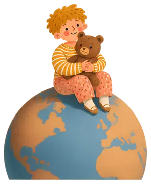 Child Sitting on a Globe with Teddy Bear