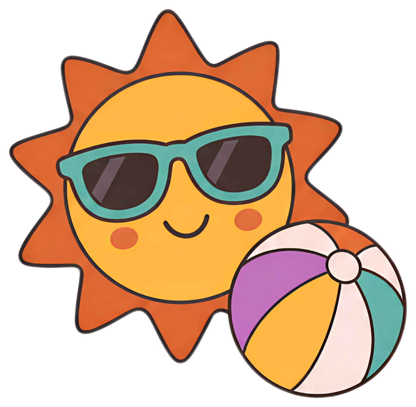 A cheerful sun with a bright yellow face and orange rays is wearing teal sunglasses, accompanied by a colorful beach ball that features segments of pink, teal, orange, and white. The sun sports a cute