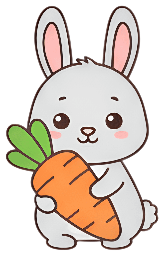 A charming cartoon bunny with big eyes and rosy cheeks happily hugs a vibrant orange carrot with green leaves. The bunny features a soft white body and is set against a plain background, emphasizing a