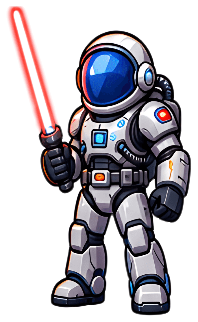 A stylish astronaut character in a sleek space suit holds a bright red lightsaber, showcasing a futuristic design with a reflective blue visor. The suit features various colored buttons and details, a