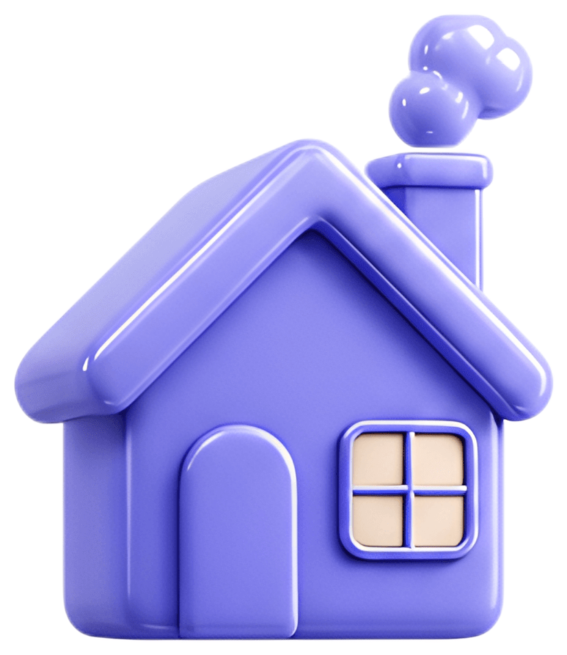 A glossy 3D icon of a house featuring a chimney and a puff of smoke. The house is predominantly purple with a light yellow window and pink accents, giving it a playful and modern appearance.
