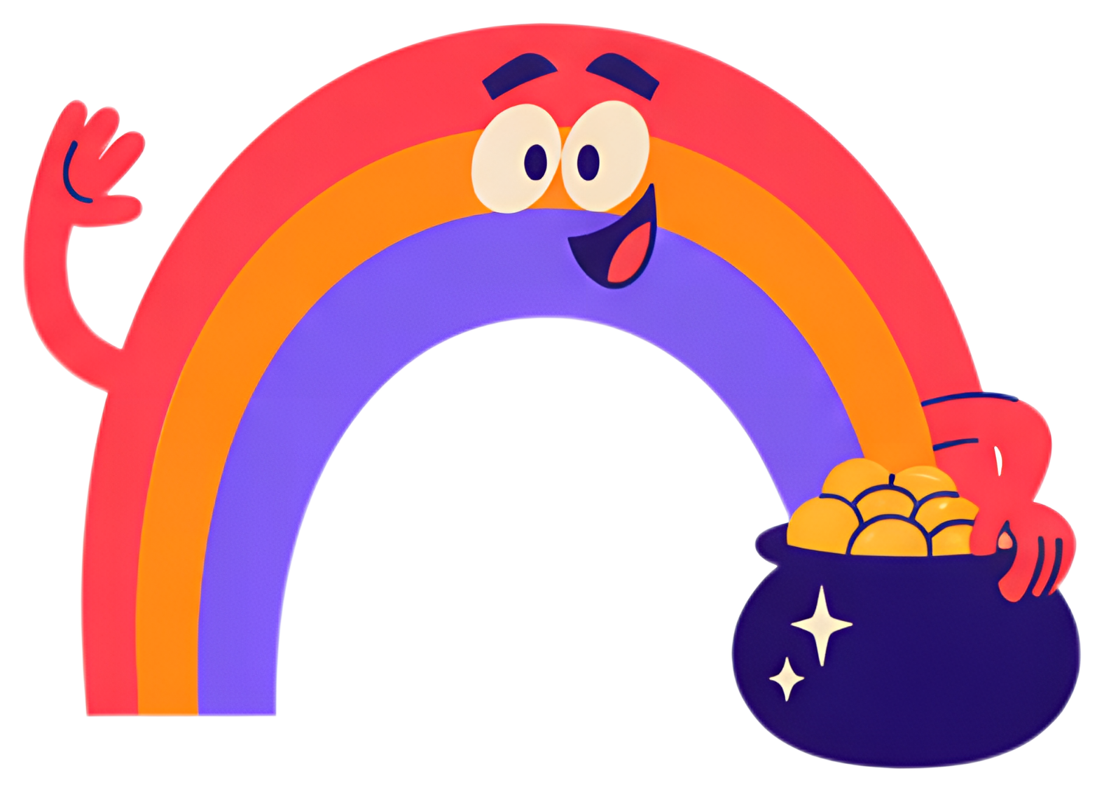 A cheerful cartoon rainbow is waving with a friendly smile, featuring vibrant red, orange, and purple stripes, and a pot of shiny gold coins at its end. The overall illustration has a playful and fun,