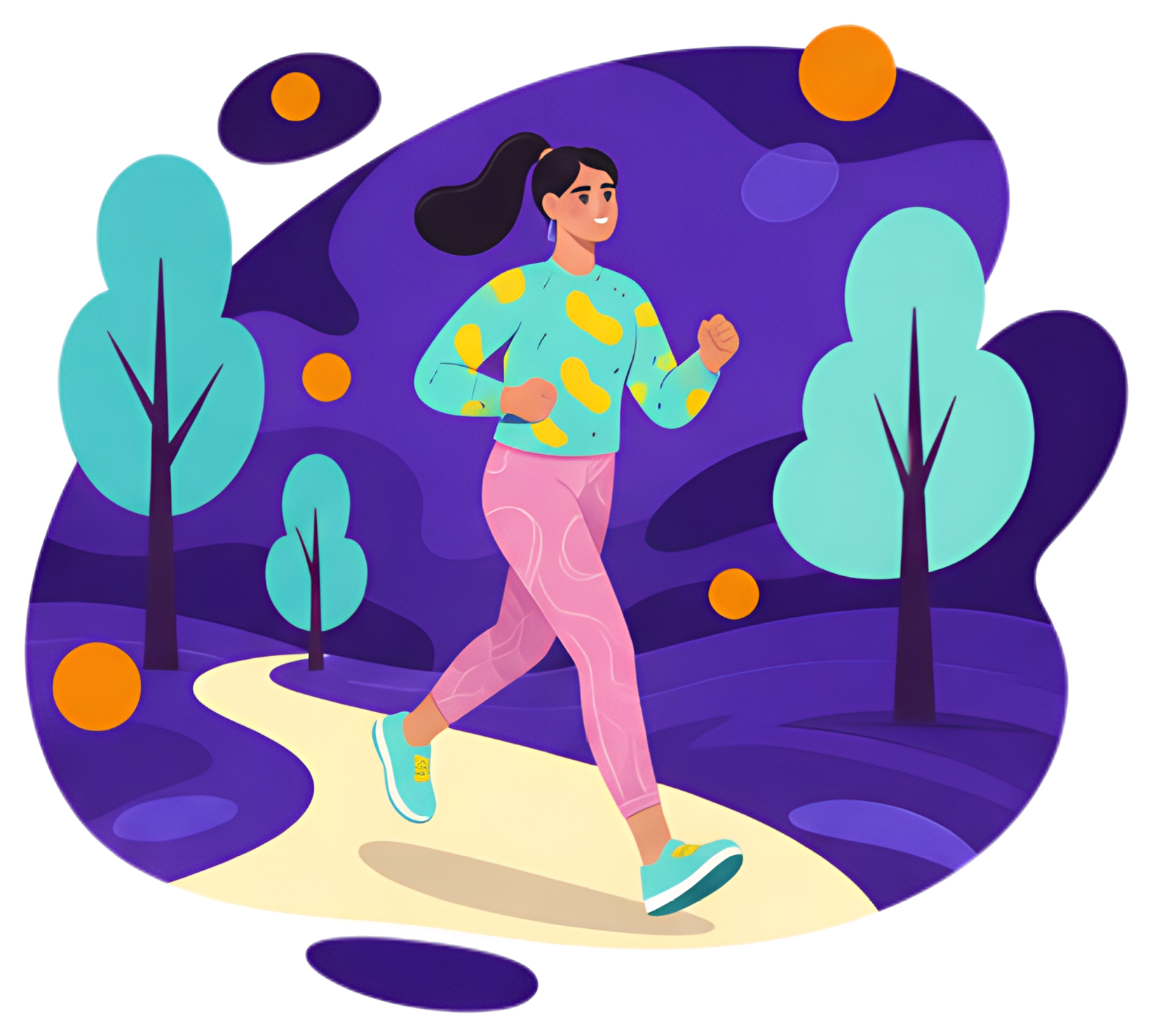 A person jogs energetically along a winding path surrounded by stylized trees and colorful abstract circles. The jogger wears a vibrant teal top with yellow accents and light pink leggings, with a mix
