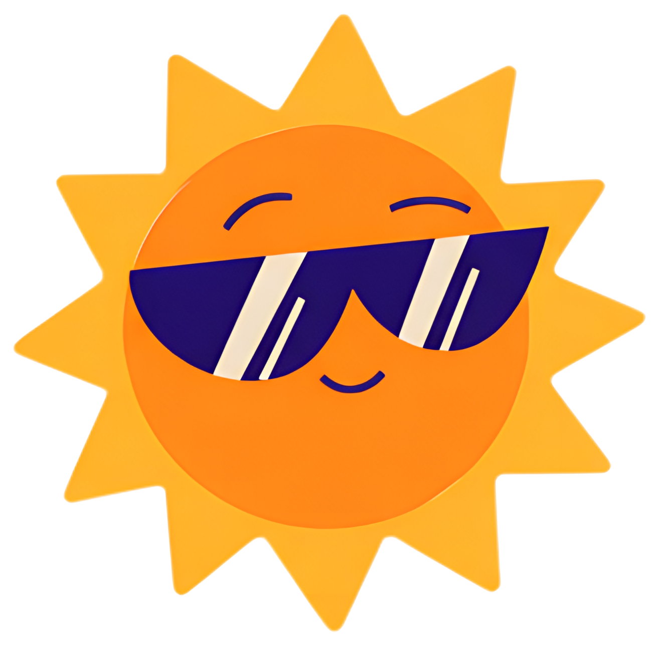 A cheerful cartoon sun with a bright orange face and pointed rays, wearing stylish black sunglasses. The sun has a friendly smile and minimalistic design emphasizing vibrant colors.