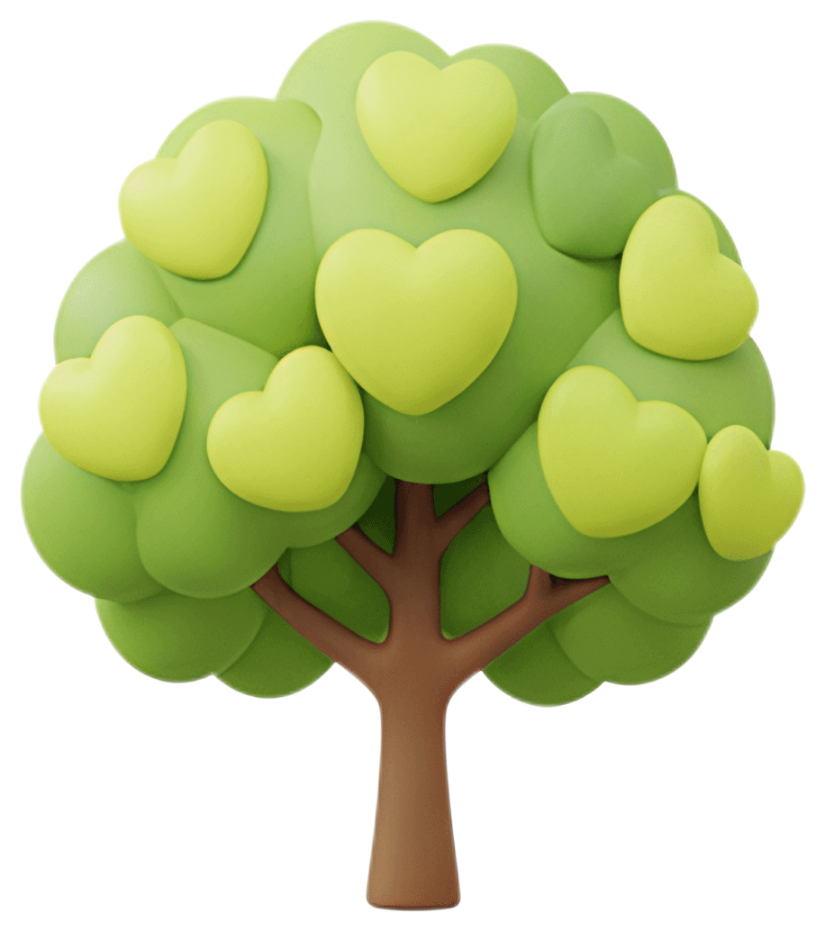 A stylized tree featuring branches adorned with heart-shaped green leaves in various shades, complemented by a brown trunk. The leaves have a smooth, glossy appearance, adding a playful touch to the b