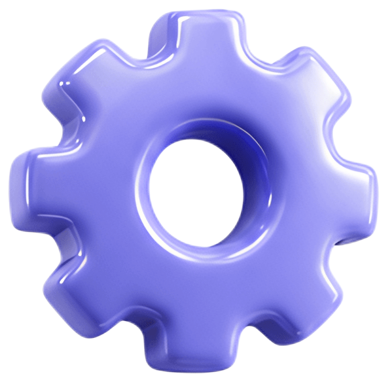 A three-dimensional gear with a metallic sheen, featuring prominent teeth and a glossy finish. The gear showcases a vibrant blue color and a circular hole in the center, emphasizing its mechanical and