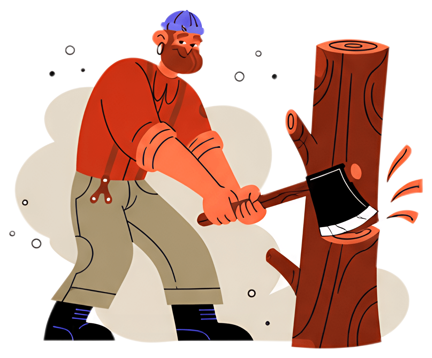 A lumberjack in a red shirt and gray pants chops a tree trunk with an axe, demonstrating strength and focus. The scene features woodchips flying and a light, playful background, adding to the vibrant,
