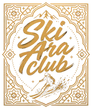 The poster features the title 'Ski Ara Club' in large, stylized calligraphy, beautifully surrounded by intricate Eastern ornaments. This elegant design showcases gold lettering against a dark blackish