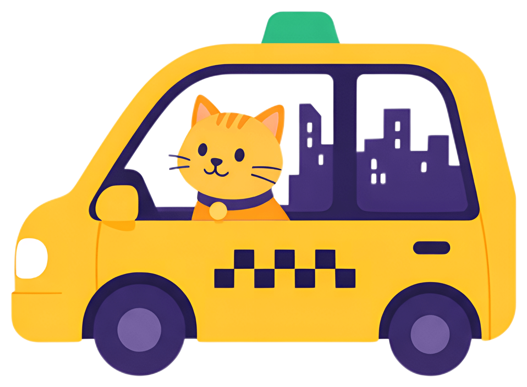 A cheerful orange cat peeks out of a yellow taxi window, gazing at a cityscape through the glass. The stylish taxi features a green top and checkered patterns on its side, creating a vibrant and fun,
