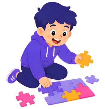 Joyful child assembling a puzzle