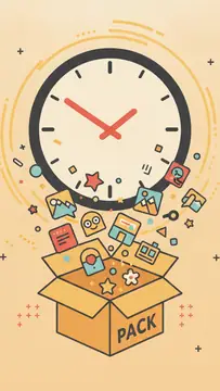 A large round clock with red hands is set against a warm background, surrounded by colorful illustrations bursting out from an open box labeled 'PACK.' The imagery conveys a sense of speed and magic,,