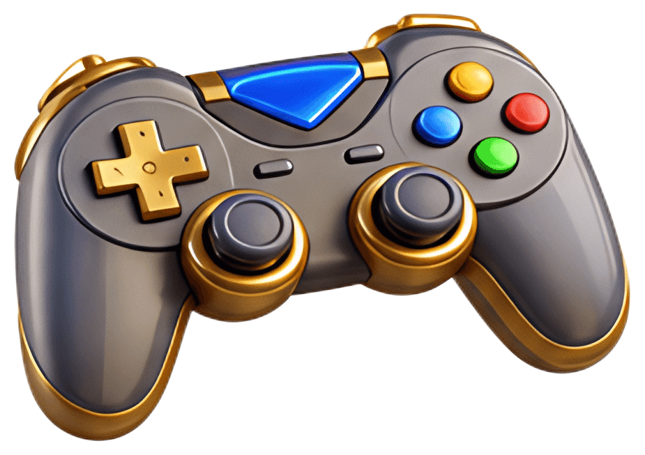 A sleek game controller featuring a combination of buttons and joysticks, highlighted by a golden trim. The controller showcases a modern design with a variety of colors, including blue, red, green, a