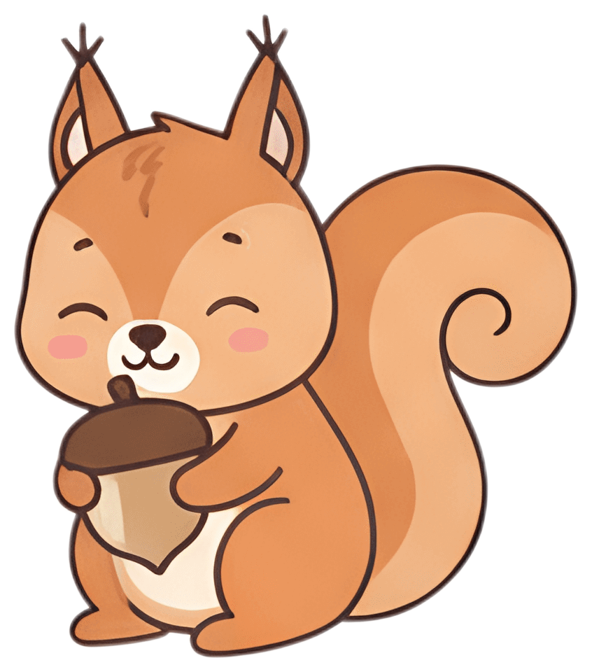 A cheerful cartoon squirrel with big eyes is hugging an acorn, displaying a soft orange-brown fur coat. The squirrel has rosy cheeks and a playful expression, bringing a joyful atmosphere to the scene