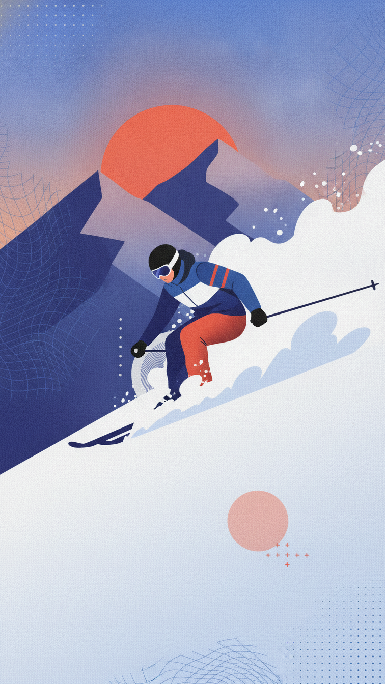 A skier descends a steep slope, creating a spray of snow against a backdrop of mountains and a vibrant sunset. The scene captures the thrill of the descent with bold colors, including blues, oranges,,