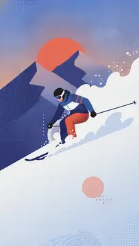 A skier descends a steep slope, creating a spray of snow against a backdrop of mountains and a vibrant sunset. The scene captures the thrill of the descent with bold colors, including blues, oranges,,