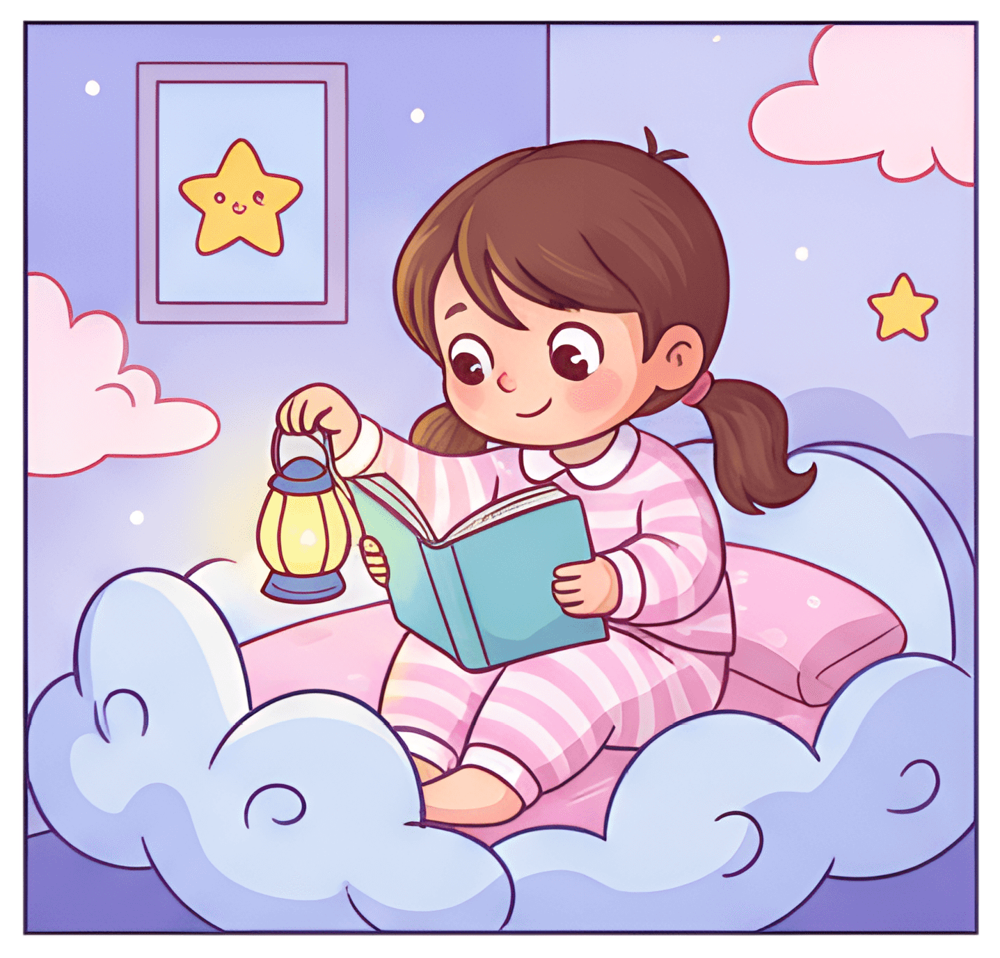 A young girl in pajamas sits on a cloud-like bed, reading a book while holding a lantern. The room is decorated with soft pastel colors and whimsical clouds and stars, creating a cozy bedtime scene.
