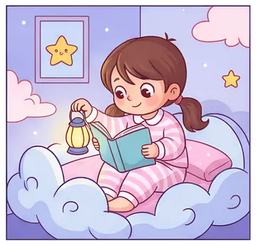 Girl Reading with Lantern in Bed