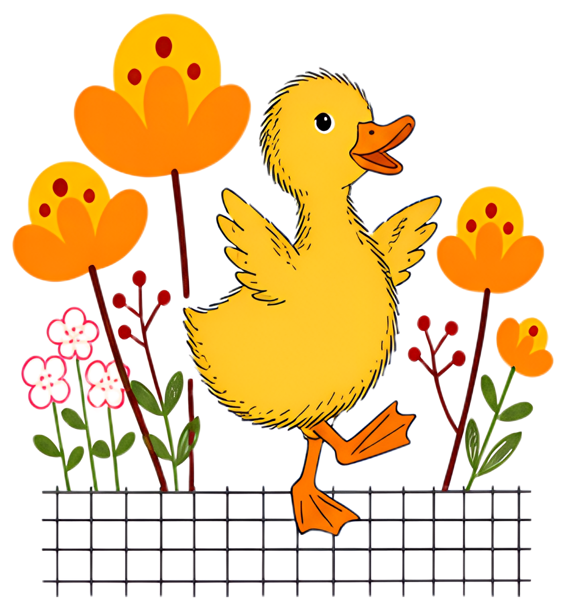 A small, playful yellow duckling stands on one leg with its wings raised and beak slightly open, surrounded by colorful flowers in shades of orange, pink, and green. The scene features a whimsical, sk