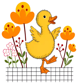 Cheerful yellow duckling among flowers