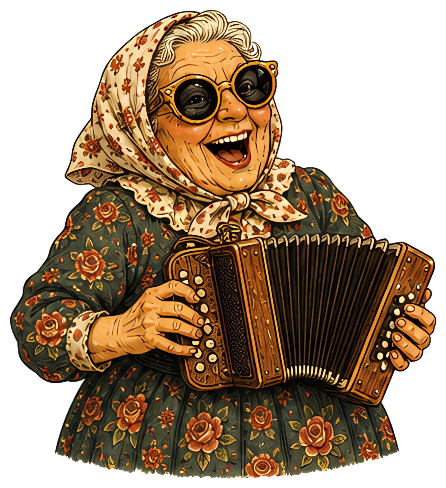 A happy elderly woman with sunglasses, wearing a floral dress and headscarf, is joyfully playing a miniature accordion. Her laughter and vibrant outfit create a cheerful atmosphere, surrounded by a fl