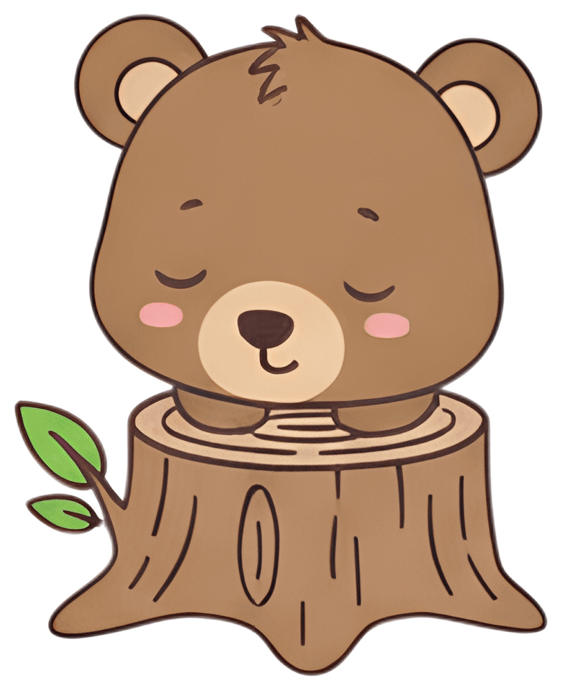 A cute bear cub with closed eyes rests peacefully on a wooden stump, showcasing soft brown fur with pink cheeks. Small green leaves peek from the stump, adding a touch of nature to the serene scene.