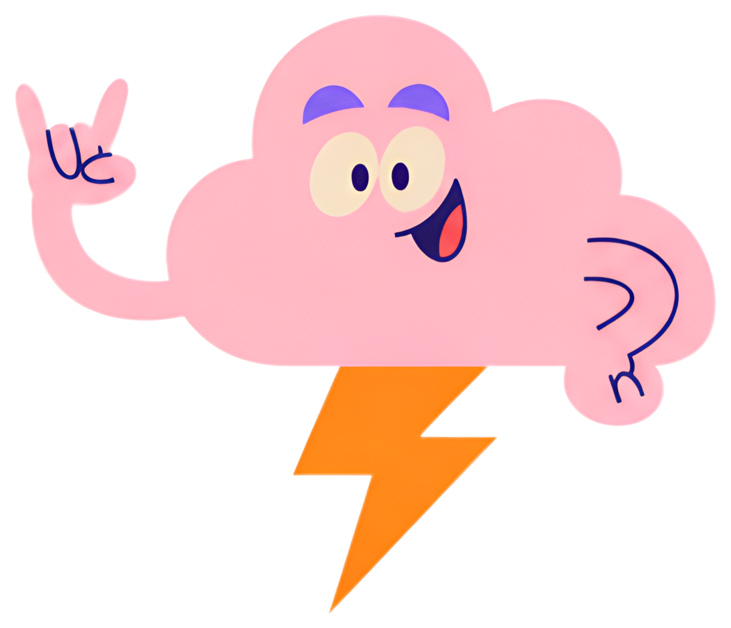 A vibrant and playful cartoon cloud features a happy face and expressive hand gestures, accompanied by a striking orange lightning bolt below. The cloud is mostly pink with contrasting purple details,