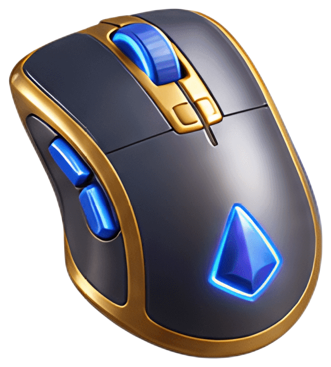A sleek gaming mouse featuring blue LED accents and a glossy black surface, equipped with side buttons and a textured wheel. Its design incorporates gold elements and a distinct triangular logo, ideal