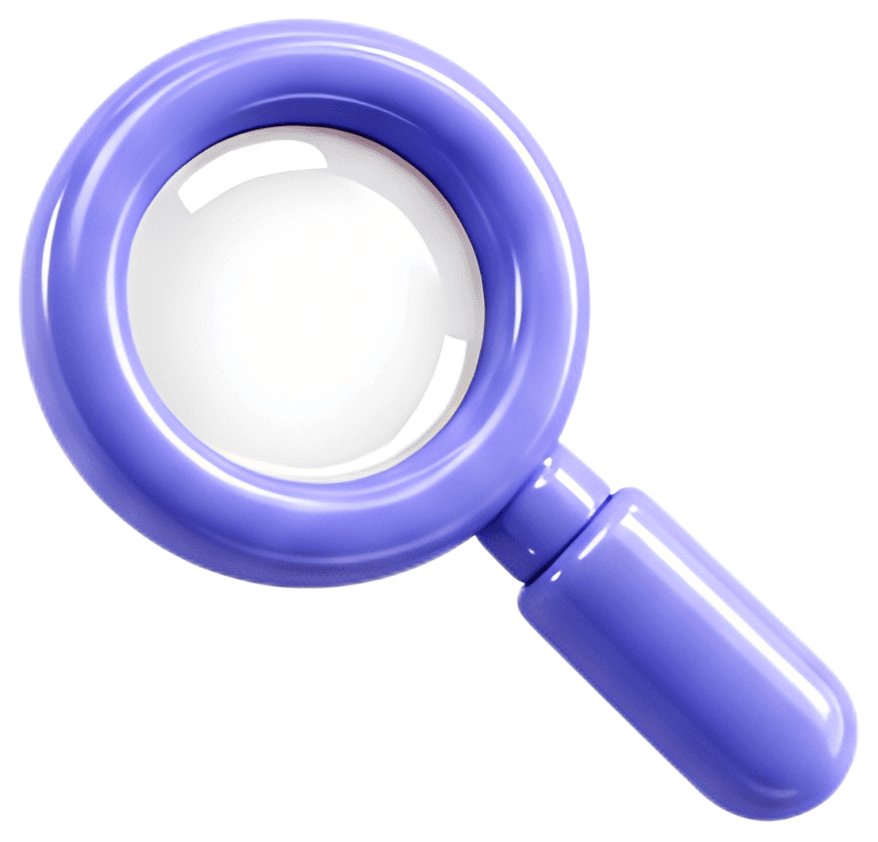 A 3D magnifying glass with a smooth, purple handle and a circular lens, featuring a shiny white center. The design emphasizes a modern, playful aesthetic, suitable for various creative applications.