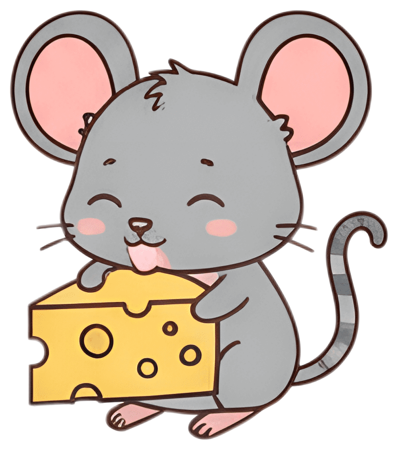 A cheerful gray mouse with pink ears holds a large piece of yellow cheese, licking its lips in delight. The mouse has a playful expression, accentuated by its small whiskers and pink blush on its face
