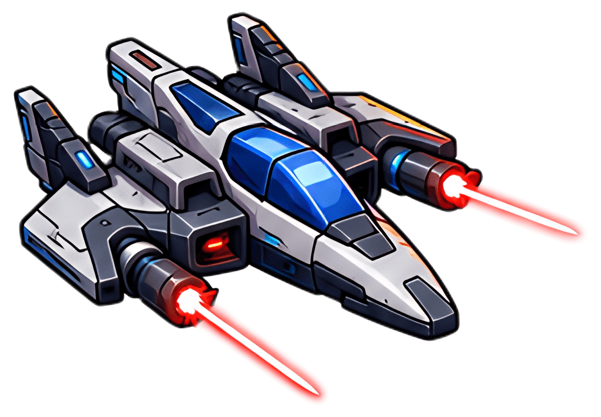 A detailed 3D icon of a futuristic spaceship featuring sleek lines and dual laser turrets emitting red beams. The body combines shades of grey and blue, with accents of orange, showcasing a high-tech,