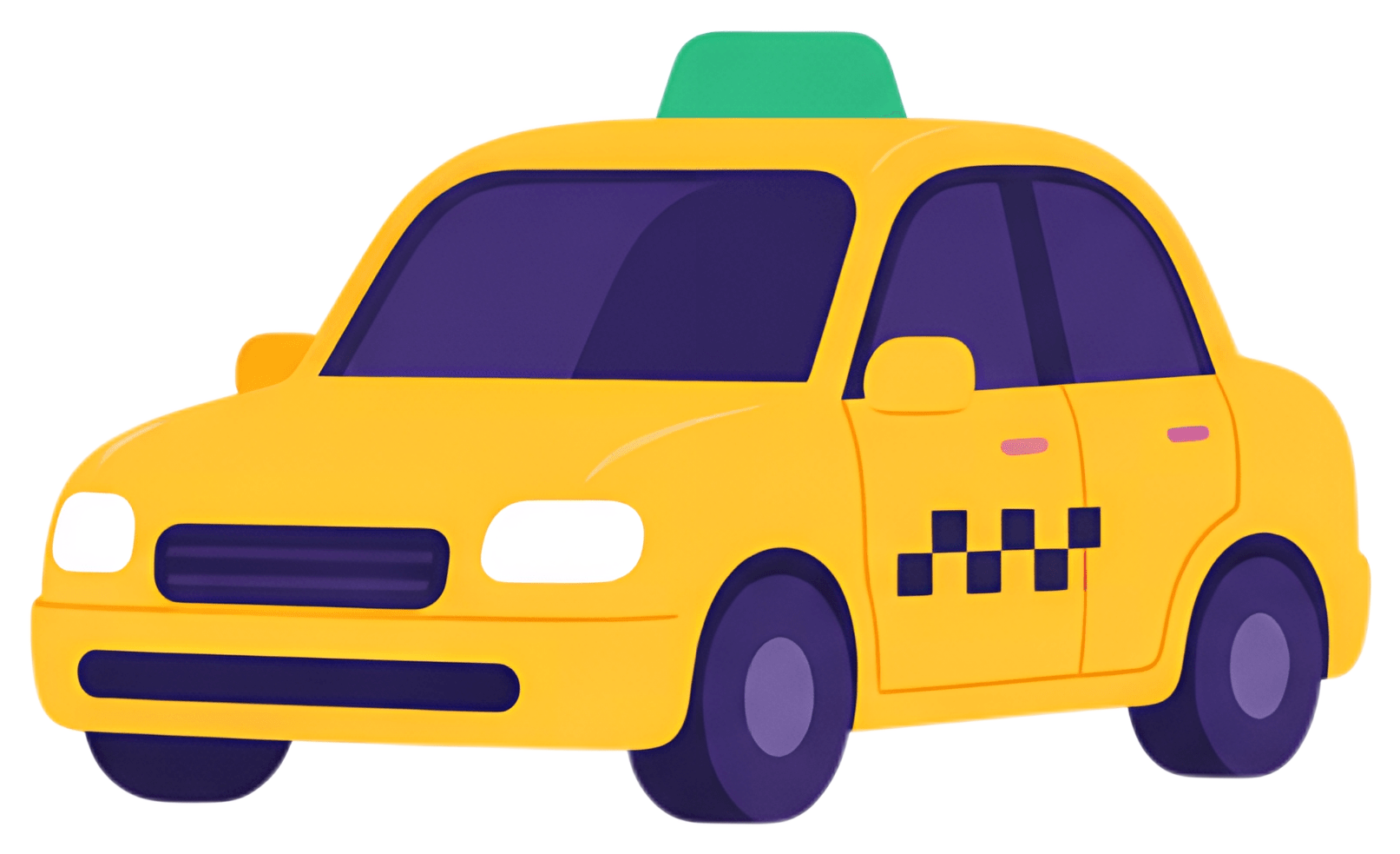 A cheerful yellow taxi featuring a checker pattern along the side and a green light on the roof. The car's rounded shapes and bright colors create a playful, cartoonish vibe.