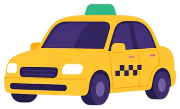 Yellow taxi with checker pattern and green light