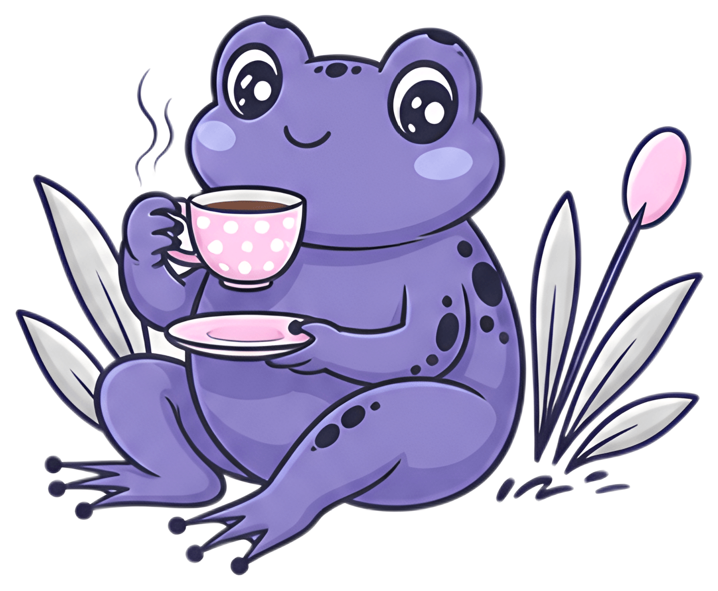 A cheerful purple frog sits holding a pink polka-dotted teacup with steam rising, while a matching saucer rests in its other hand. Surrounded by soft green plants, the scene is playful and vibrant, ex