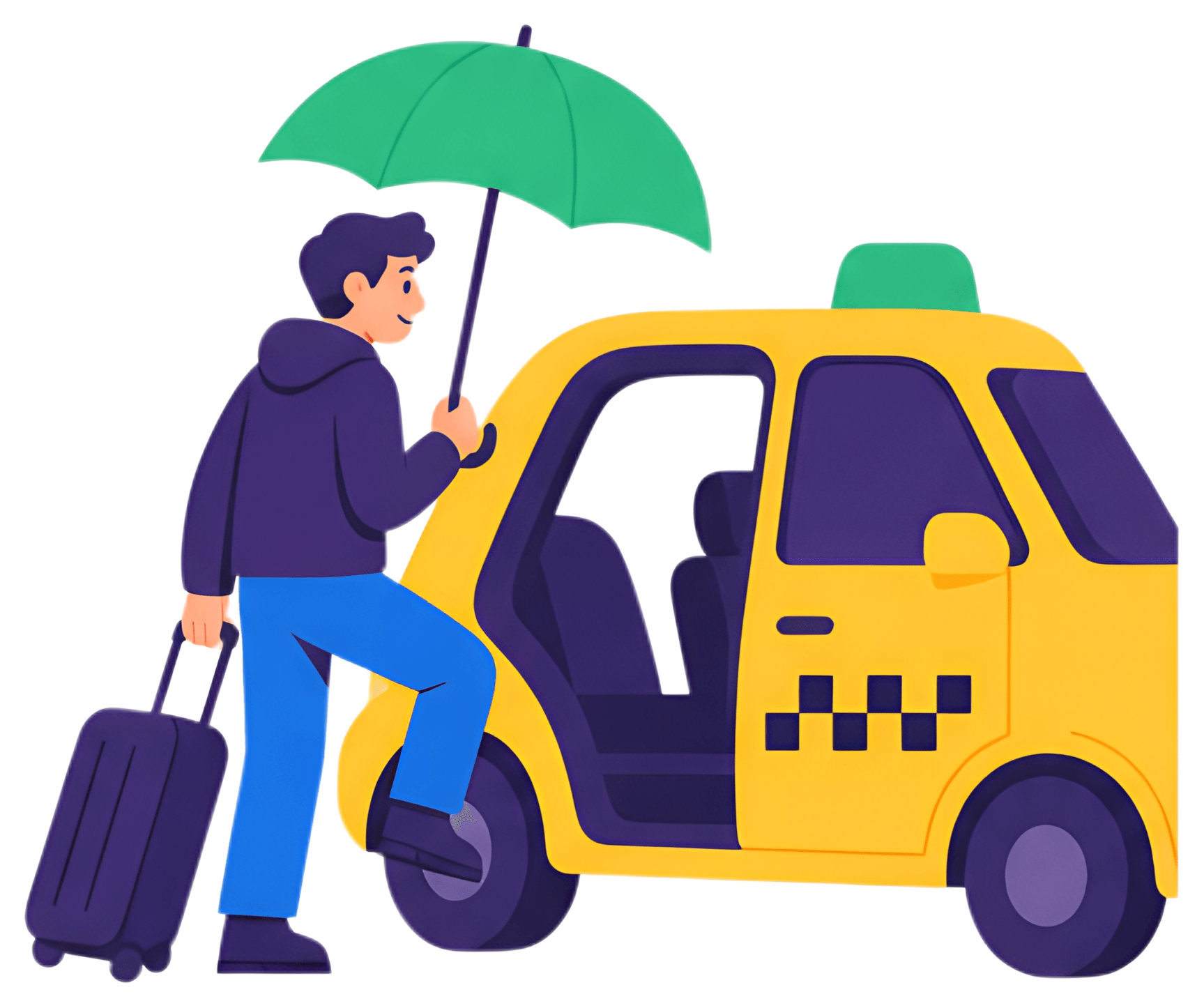 A person is stepping into a yellow taxi while holding a green umbrella and a black suitcase. The scene features a bright and colorful style, highlighting the interaction between the passenger and the