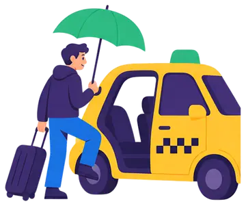 Passenger with suitcase entering taxi under umbrella
