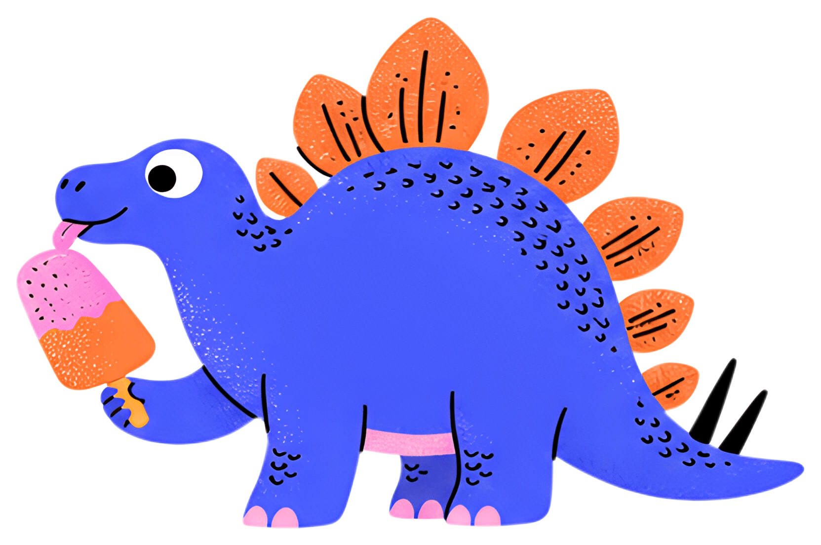 A cheerful blue stegosaurus holds a colorful fruity popsicle, featuring pink and orange layers. Its pronounced spines are bright orange, contrasting against its body, while it playfully sticks out its