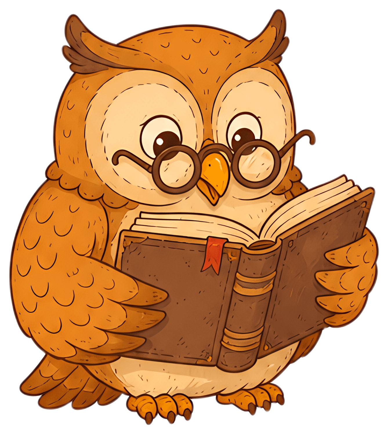 A cute, wise-looking owl with glasses gently holds an old book, showcasing its textured cover and a red ribbon bookmark. The owl's feathers are a warm brown hue, contributing to its cozy and scholarly